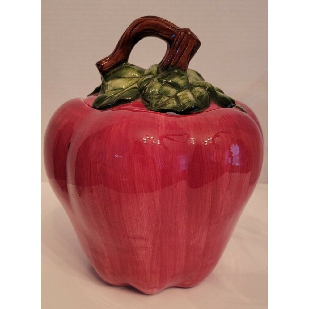Vintage 1996 Cracker Barrel Red Delicious Apple Ceramic Cookie Jar Green Leaves